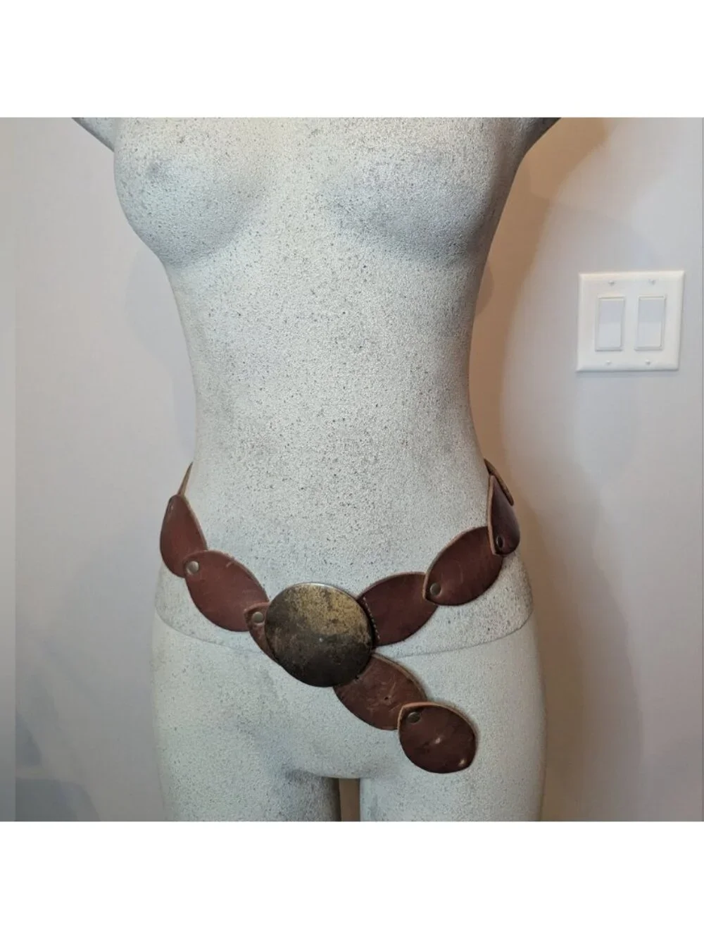 Vintage Leather disk rivet belt with brass metal buckle boho western 39.5